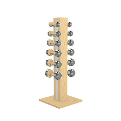 Luxury gym equipment, 6 pair of dumbbells on vertical wooden stand, made with stainless steel, Italian white leather and natural ash wood.