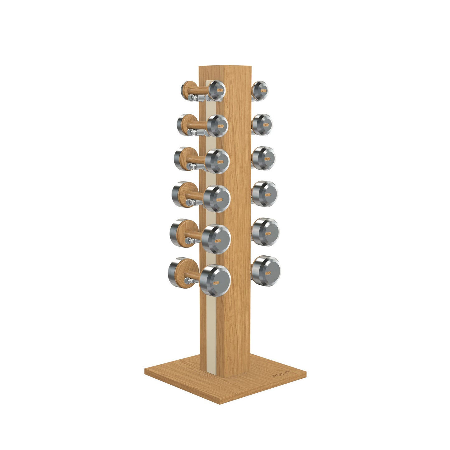 Luxury gym equipment, 6 pair of dumbbells on vertical wooden stand, made with stainless steel, Italian beige leather and oak wood.