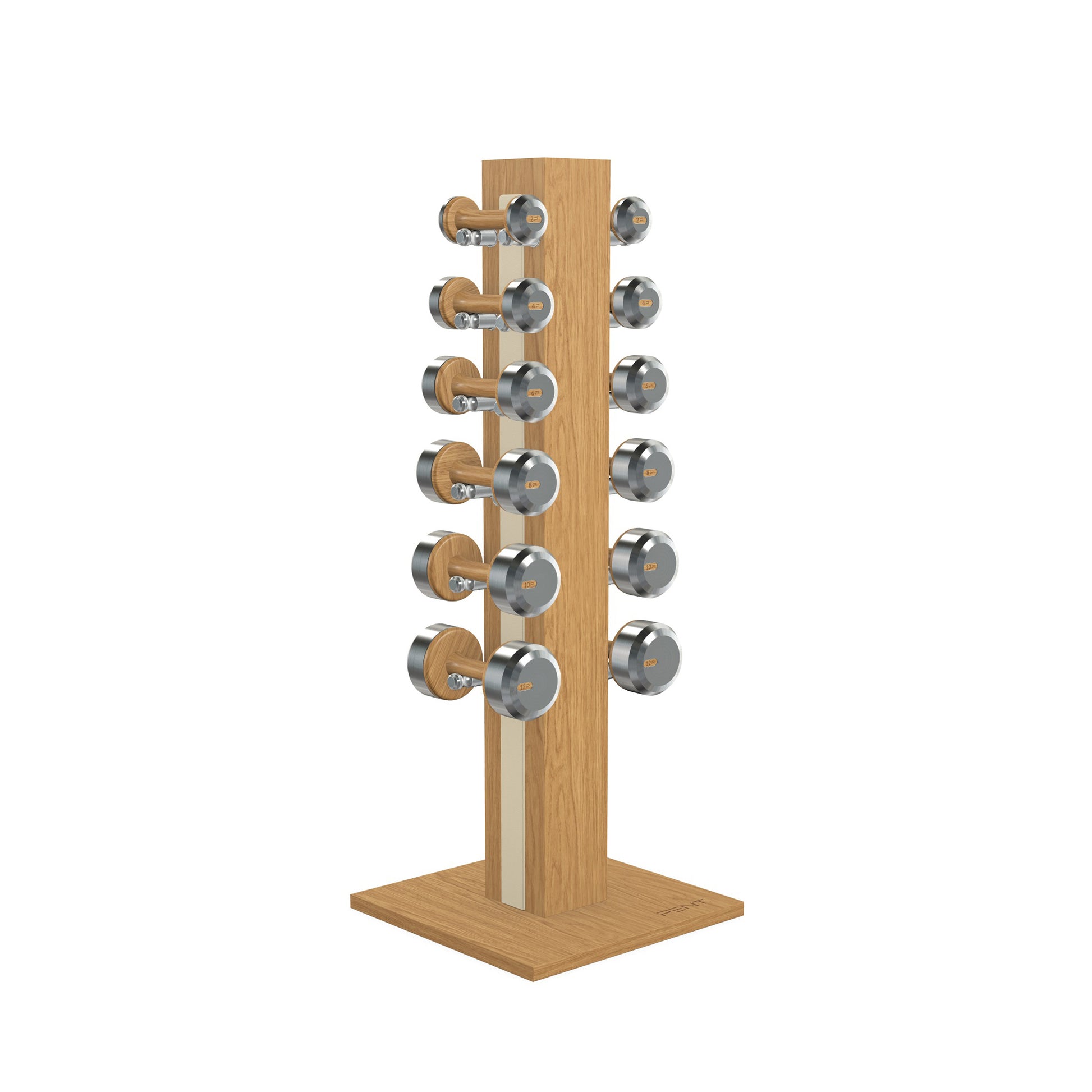 Luxury gym equipment, 6 pair of dumbbells on vertical wooden stand, made with stainless steel, Italian beige leather and oak wood.
