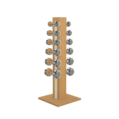 Luxury gym equipment, 6 pair of dumbbells on vertical wooden stand, made with stainless steel, Italian beige leather and oak wood.