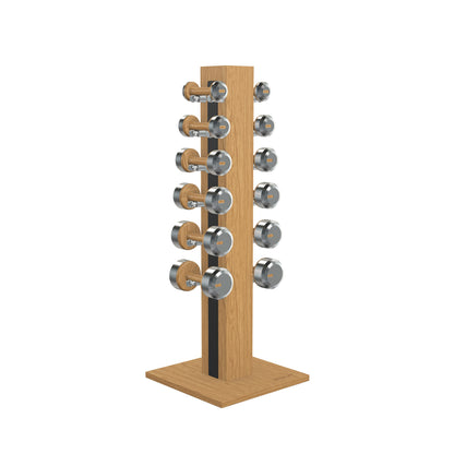 Luxury gym equipment, 6 pair of dumbbells on vertical wooden stand, made with stainless steel, Italian black leather and oak wood.