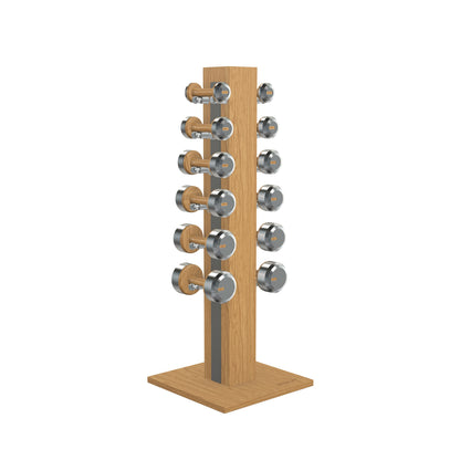 Luxury gym equipment, 6 pair of dumbbells on vertical wooden stand, made with stainless steel, Italian grey leather and oak wood.