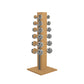 Luxury gym equipment, 6 pair of dumbbells on vertical wooden stand, made with stainless steel, Italian grey leather and oak wood.