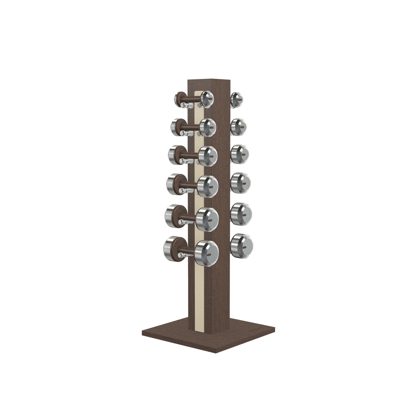 Luxury gym equipment, 6 pair of dumbbells on vertical wooden stand, made with stainless steel, Italian beige leather and dark walnut wood.