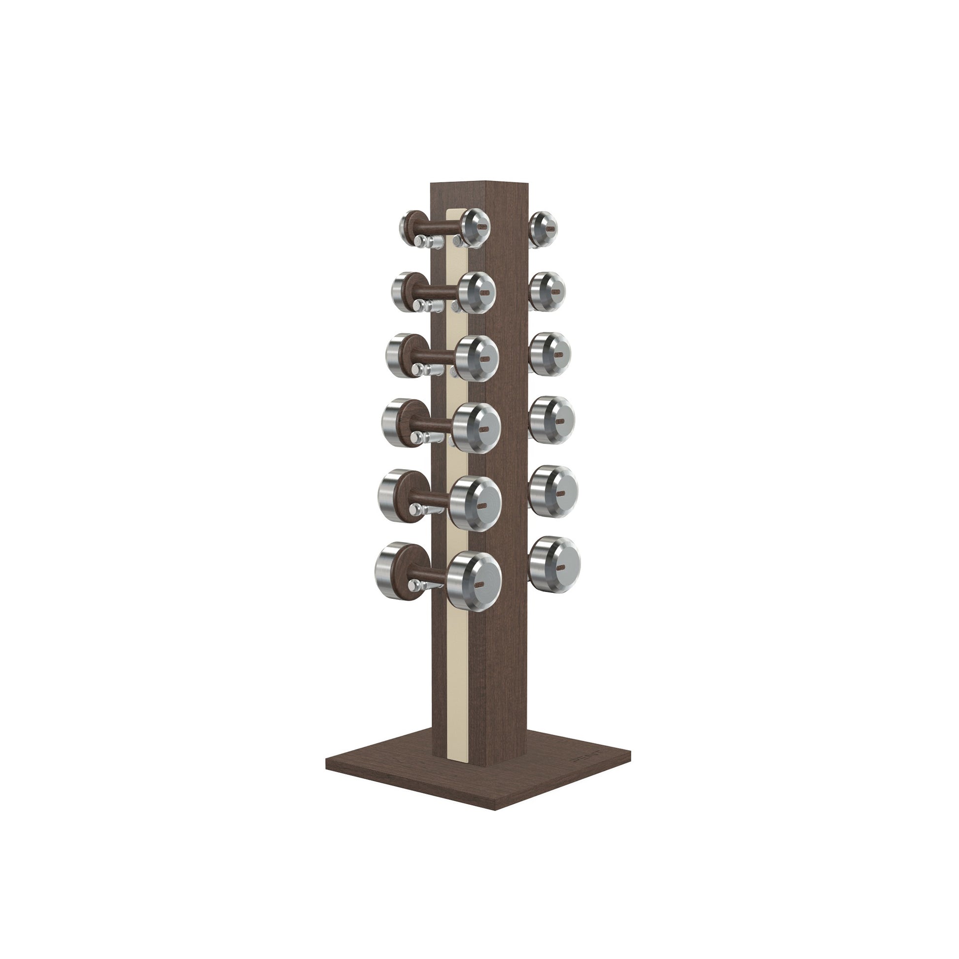 Luxury gym equipment, 6 pair of dumbbells on vertical wooden stand, made with stainless steel, Italian beige leather and dark walnut wood.