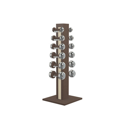Luxury gym equipment, 6 pair of dumbbells on vertical wooden stand, made with stainless steel, Italian beige leather and dark walnut wood.