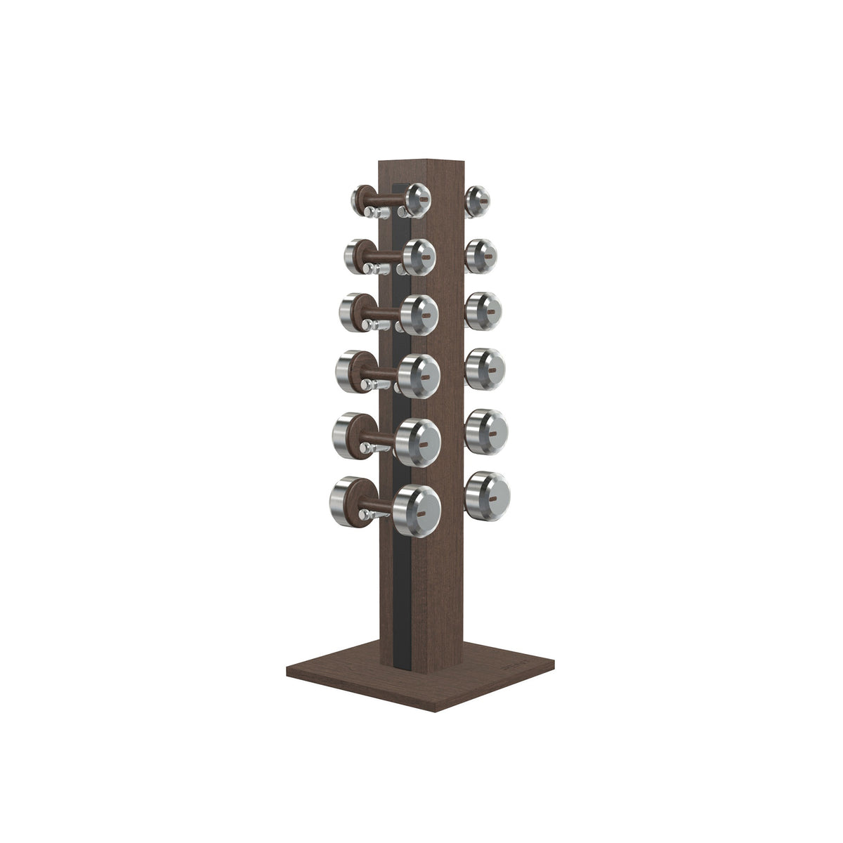 Luxury gym equipment, 6 pair of dumbbells on vertical wooden stand, made with stainless steel, Italian black leather and dark walnut wood.