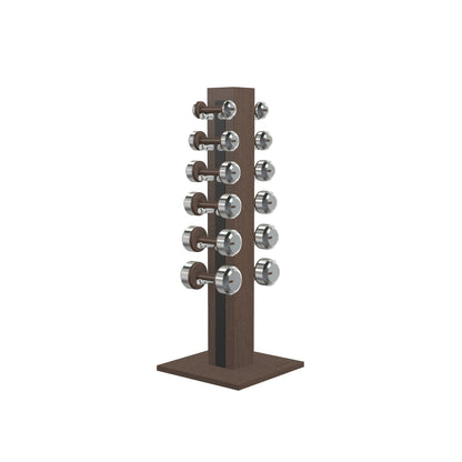 Luxury gym equipment, 6 pair of dumbbells on vertical wooden stand, made with stainless steel, Italian black leather and dark walnut wood.