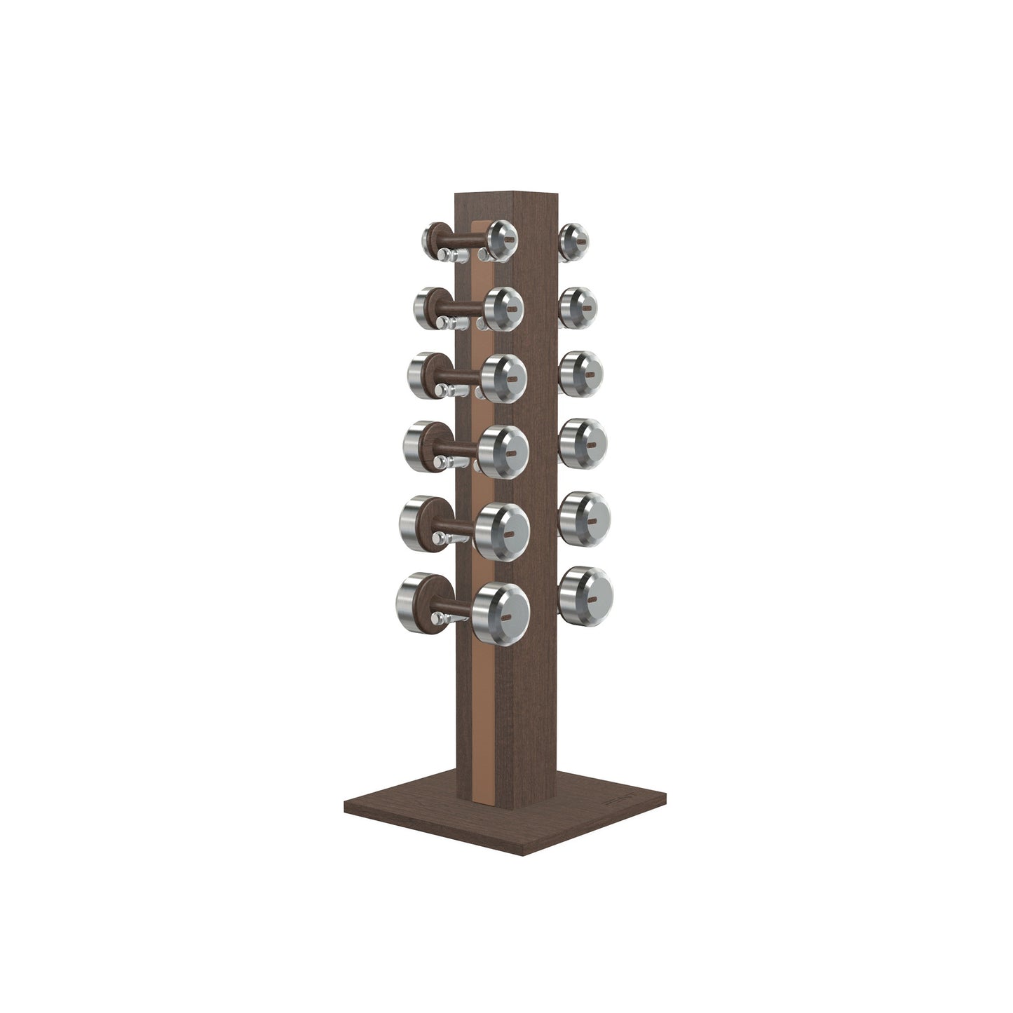 Luxury gym equipment, 6 pair of dumbbells on vertical wooden stand, made with stainless steel, Italian brown leather and dark walnut wood.