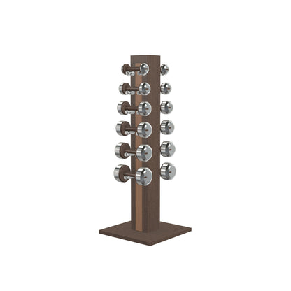 Luxury gym equipment, 6 pair of dumbbells on vertical wooden stand, made with stainless steel, Italian brown leather and dark walnut wood.