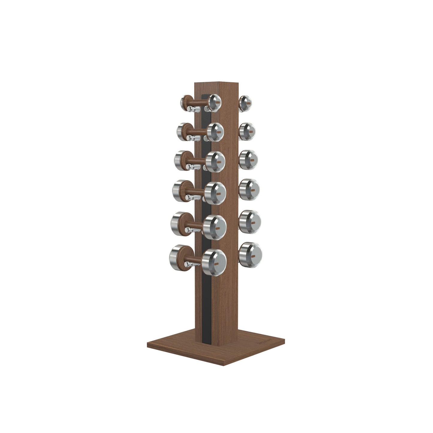 Luxury gym equipment, 6 pair of dumbbells on vertical wooden stand, made with stainless steel, Italian black leather and natural walnut wood.