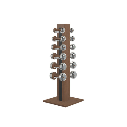 Luxury gym equipment, 6 pair of dumbbells on vertical wooden stand, made with stainless steel, Italian black leather and natural walnut wood.