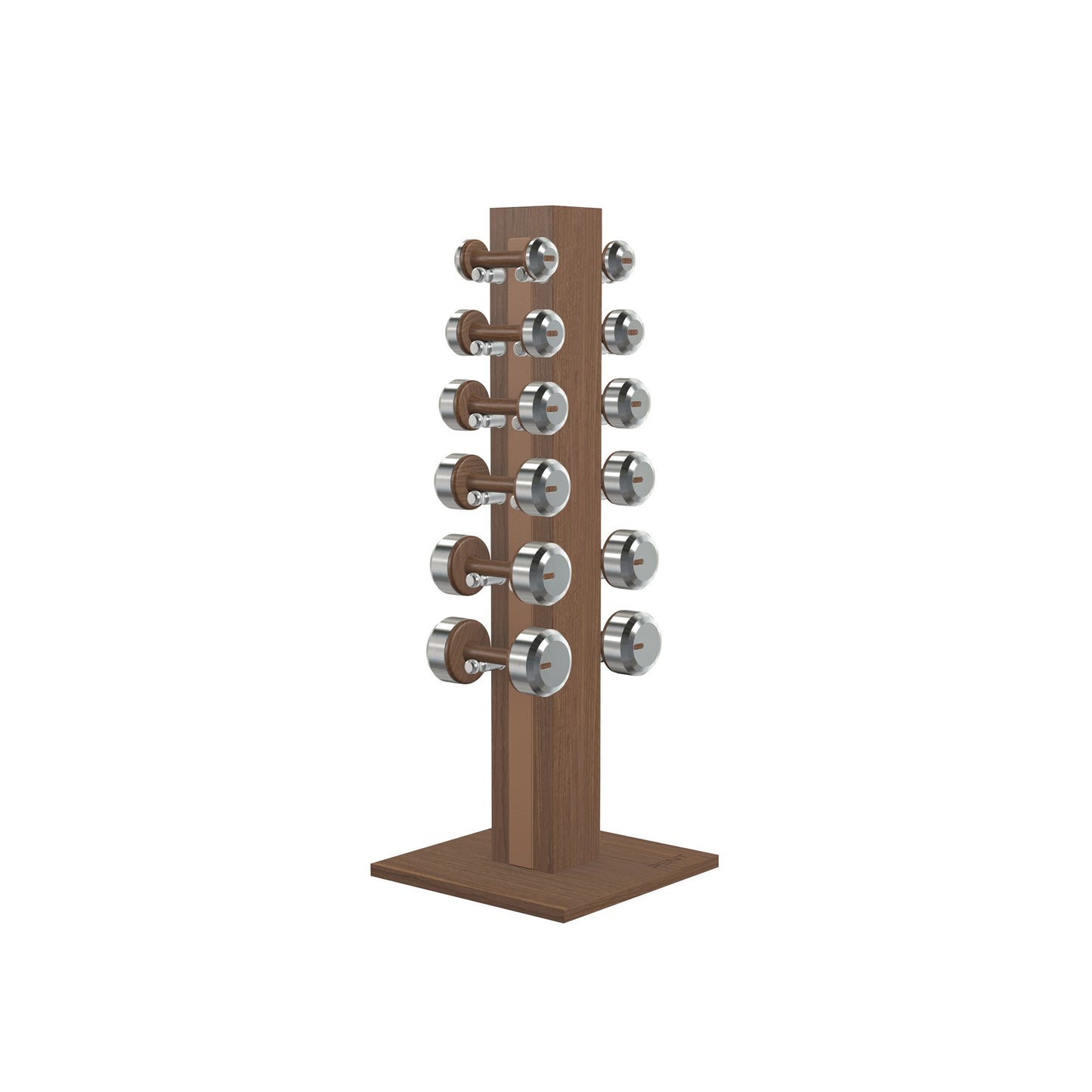 Luxury gym equipment, 6 pair of dumbbells on vertical wooden stand, made with stainless steel, Italian brown leather and natural walnut wood.