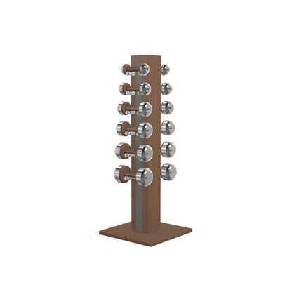 Luxury gym equipment, 6 pair of dumbbells on vertical wooden stand, made with stainless steel, Italian grey leather and natural walnut wood.