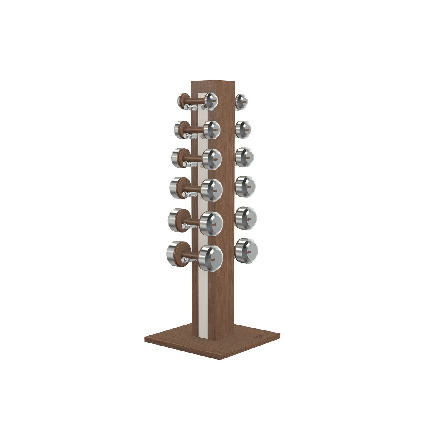 Luxury gym equipment, 6 pair of dumbbells on vertical wooden stand, made with stainless steel, Italian white leather and natural walnut wood.
