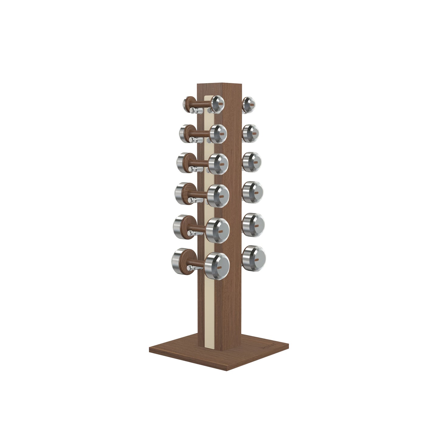 Luxury gym equipment, 6 pair of dumbbells on vertical wooden stand, made with stainless steel, Italian beige leather and natural walnut wood.
