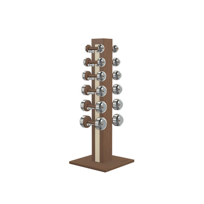 Luxury gym equipment, 6 pair of dumbbells on vertical wooden stand, made with stainless steel, Italian beige leather and natural walnut wood.