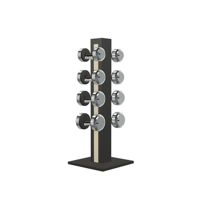 Luxury gym equipment, 4 pair of dumbbells on vertical wooden stand, made with stainless steel, Italian beige leather and black ash wood.