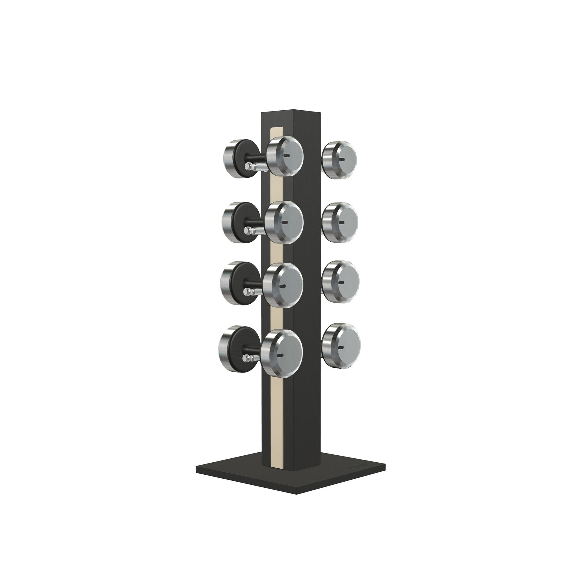 Luxury gym equipment, 4 pair of dumbbells on vertical wooden stand, made with stainless steel, Italian beige leather and black ash wood.