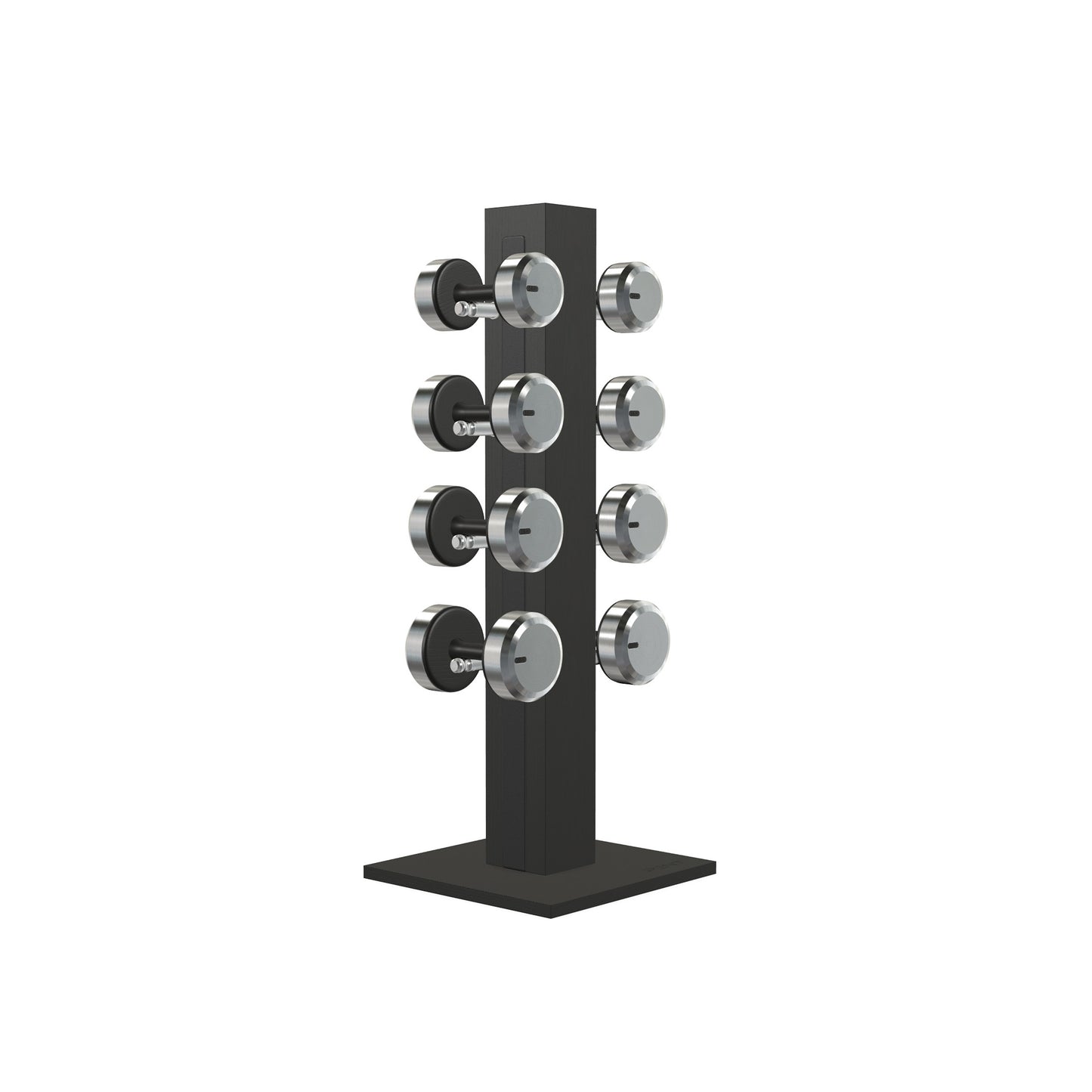 Luxury gym equipment, 4 pair of dumbbells on vertical wooden stand, made with stainless steel, Italian black leather and black ash wood.