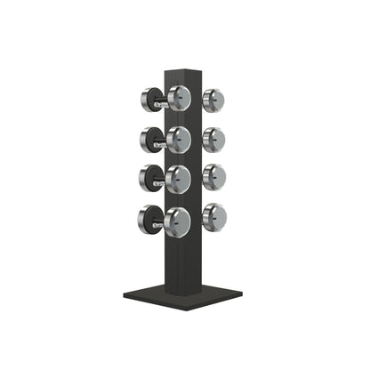 Luxury gym equipment, 4 pair of dumbbells on vertical wooden stand, made with stainless steel, Italian black leather and black ash wood.