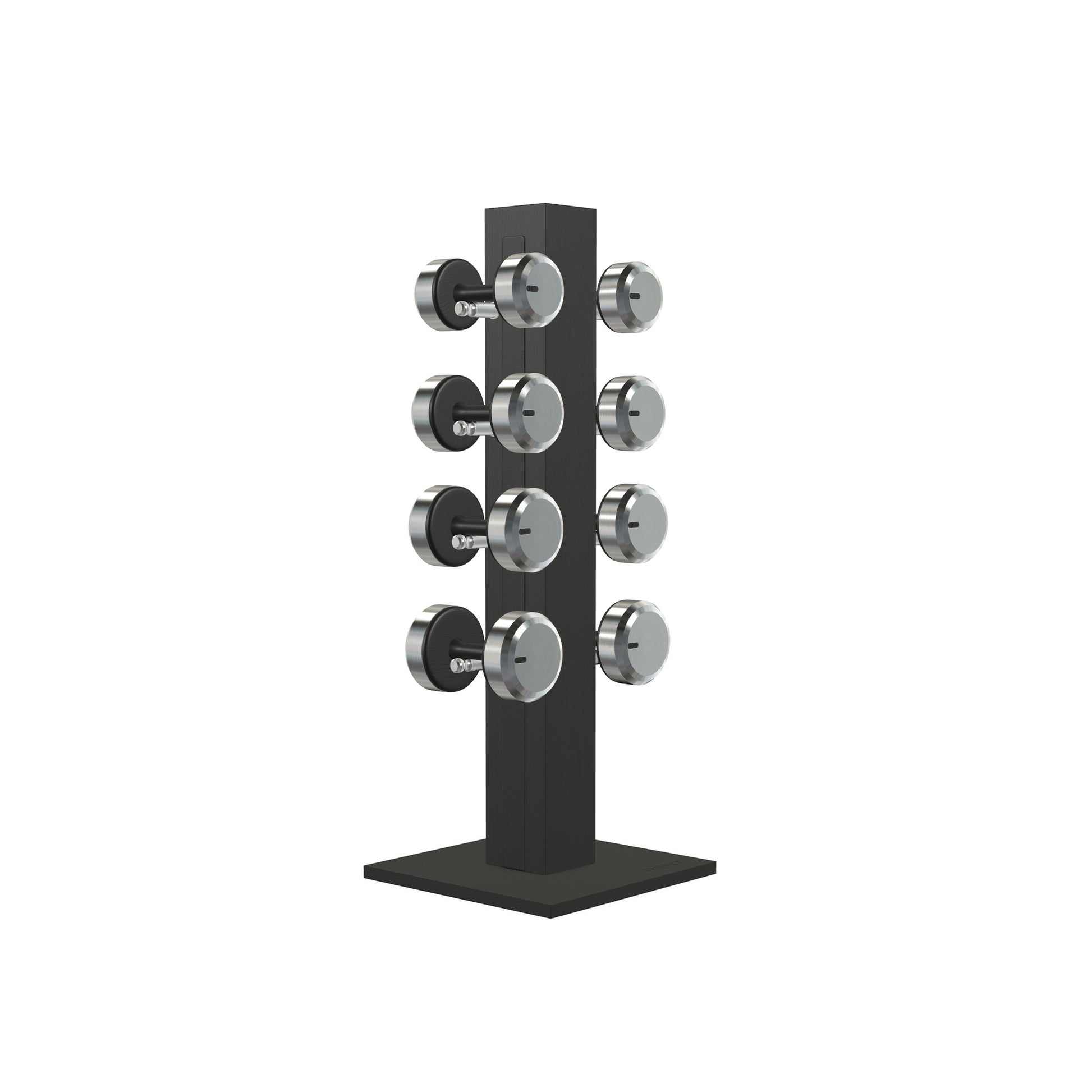 Luxury gym equipment, 4 pair of dumbbells on vertical wooden stand, made with stainless steel, Italian black leather and black ash wood.