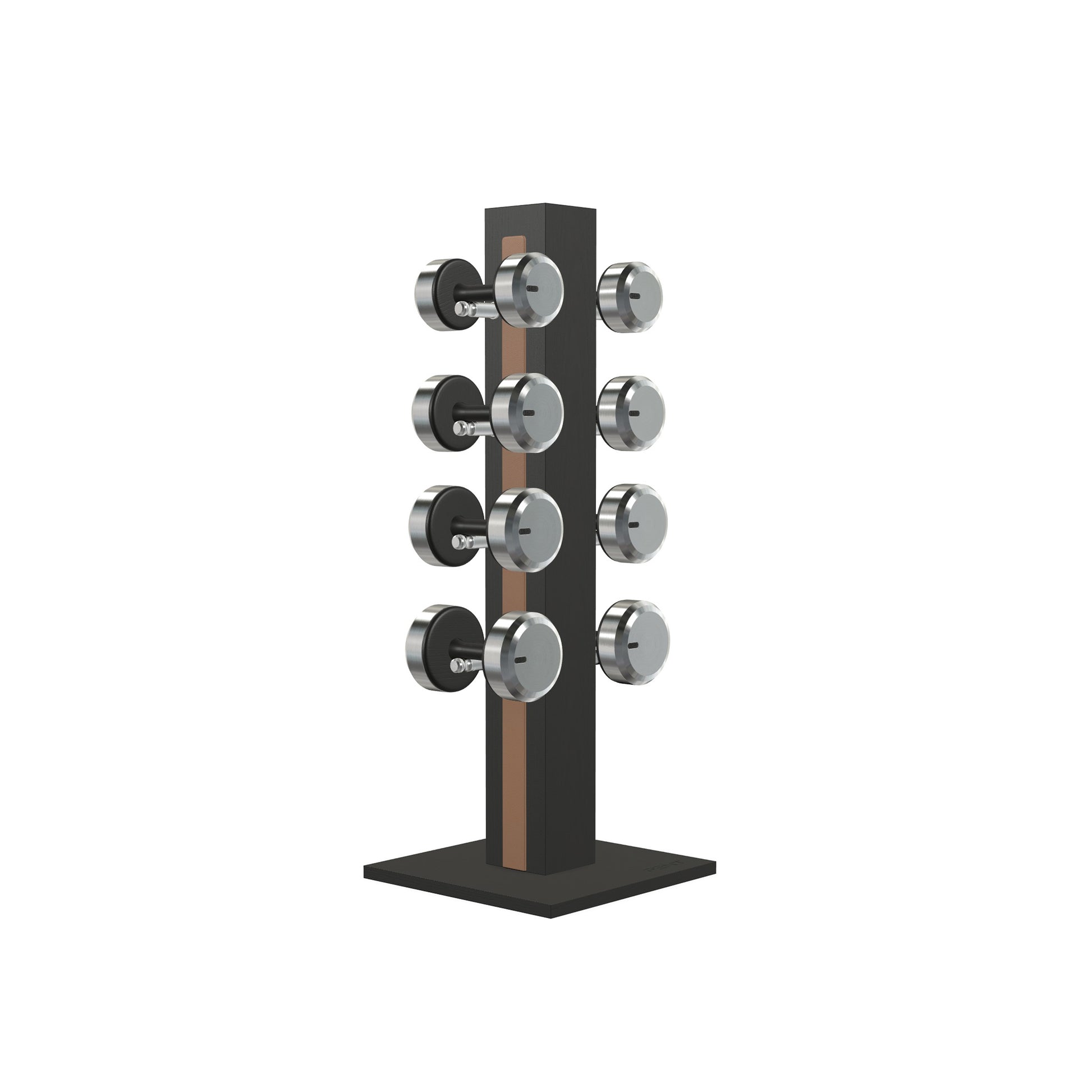 Luxury gym equipment, 4 pair of dumbbells on vertical wooden stand, made with stainless steel, Italian brown leather and black ash wood.