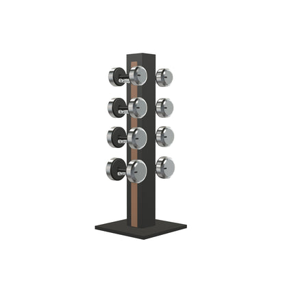Luxury gym equipment, 4 pair of dumbbells on vertical wooden stand, made with stainless steel, Italian brown leather and black ash wood.