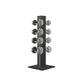 Luxury gym equipment, 4 pair of dumbbells on vertical wooden stand, made with stainless steel, Italian grey leather and black ash wood.