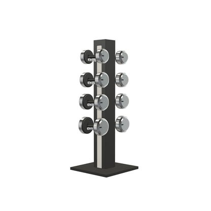 Luxury gym equipment, 4 pair of dumbbells on vertical wooden stand, made with stainless steel, Italian white leather and black ash wood.