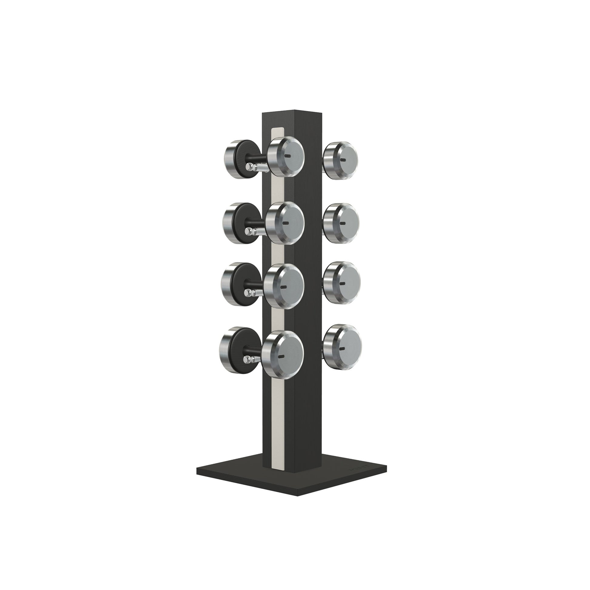 Luxury gym equipment, 4 pair of dumbbells on vertical wooden stand, made with stainless steel, Italian white leather and black ash wood.