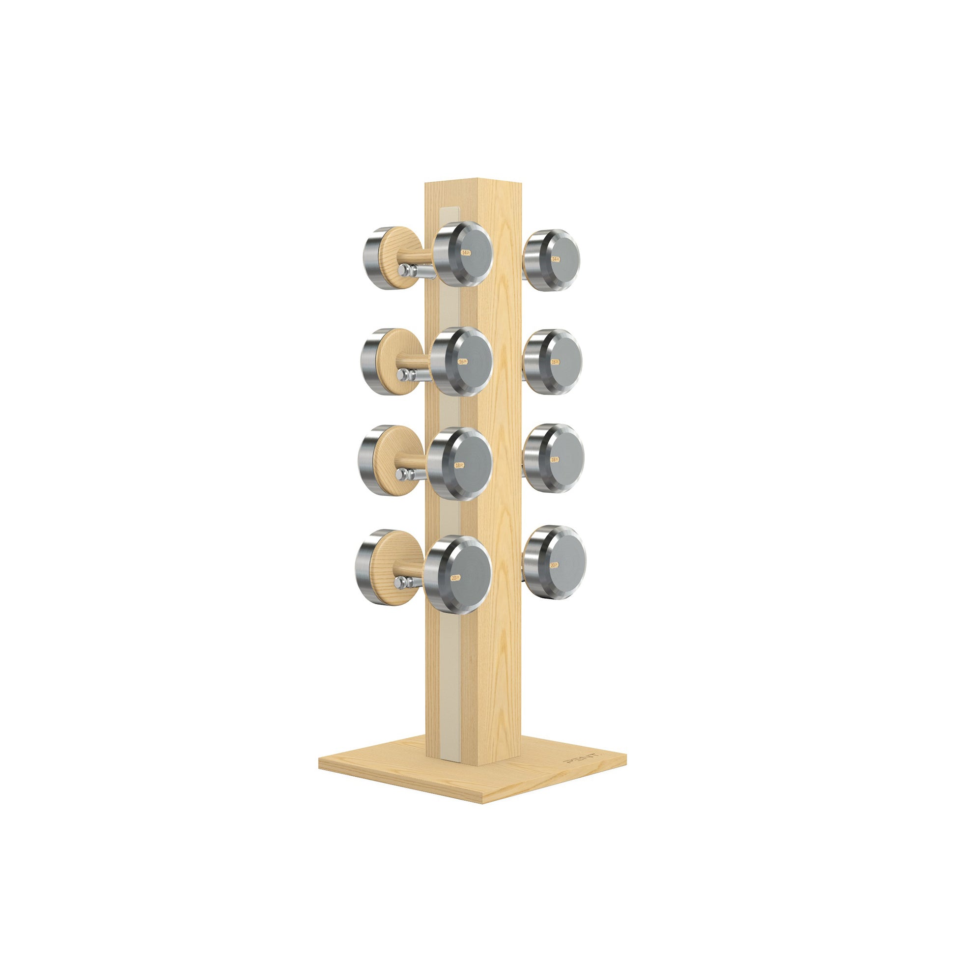 Luxury gym equipment, 4 pair of dumbbells on vertical wooden stand, made with stainless steel, Italian beige leather and natural ash wood.
