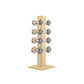 Luxury gym equipment, 4 pair of dumbbells on vertical wooden stand, made with stainless steel, Italian beige leather and natural ash wood.
