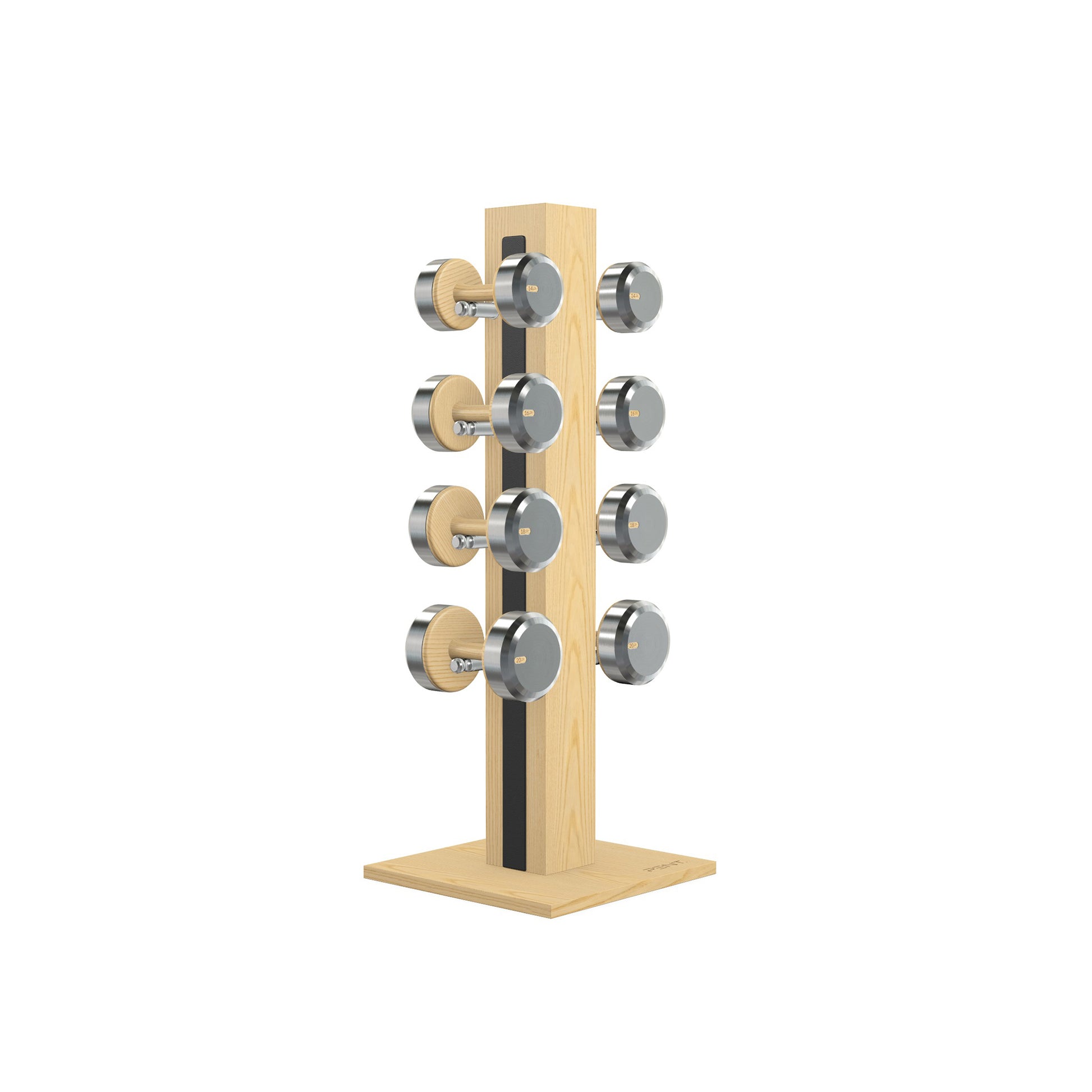 Luxury gym equipment, 4 pair of dumbbells on vertical wooden stand, made with stainless steel, Italian black leather and natural ash wood.