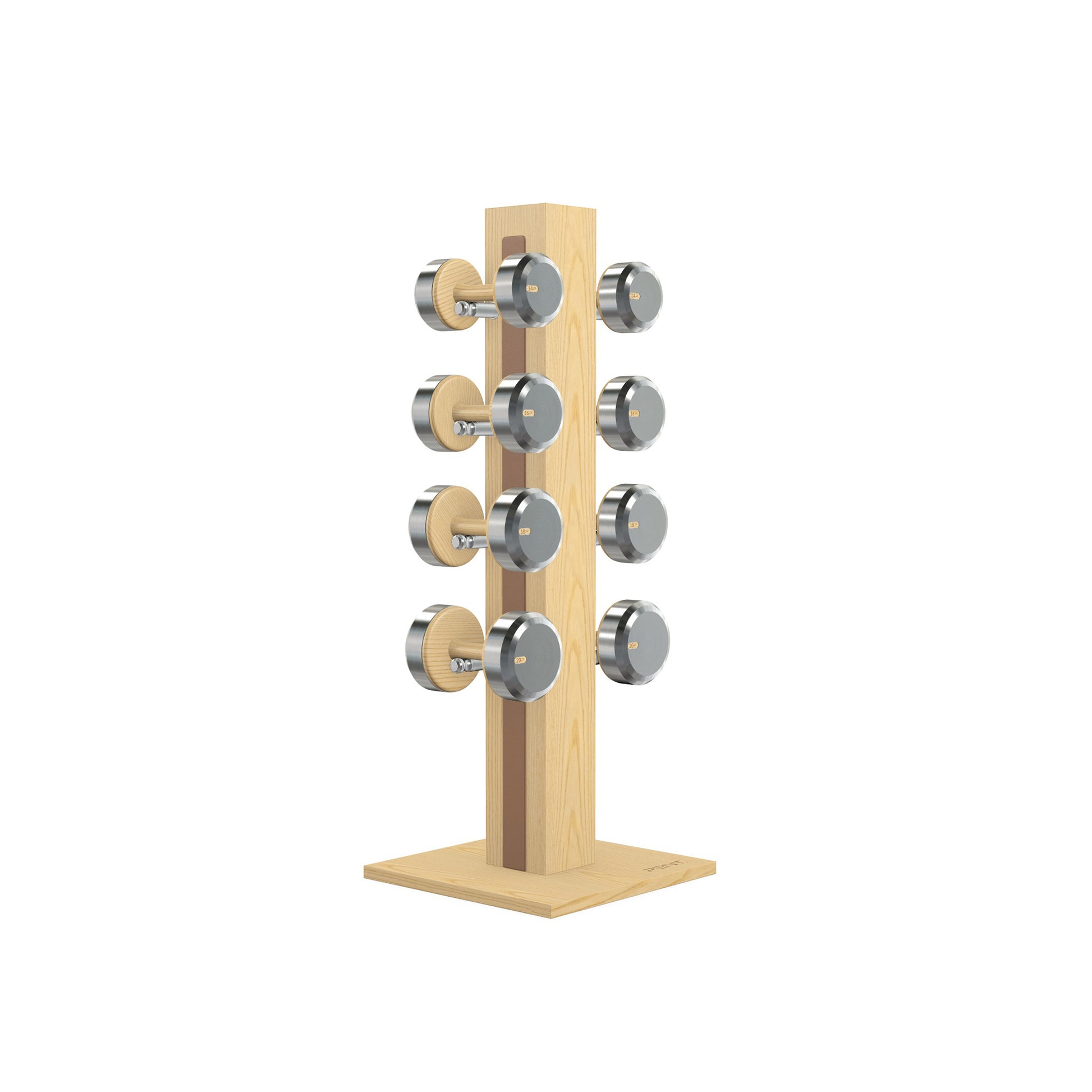 Luxury gym equipment, 4 pair of dumbbells on vertical wooden stand, made with stainless steel, Italian brown leather and natural ash wood.