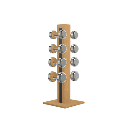 Luxury gym equipment, 4 pair of dumbbells on vertical wooden stand, made with stainless steel, Italian black leather and oak wood.