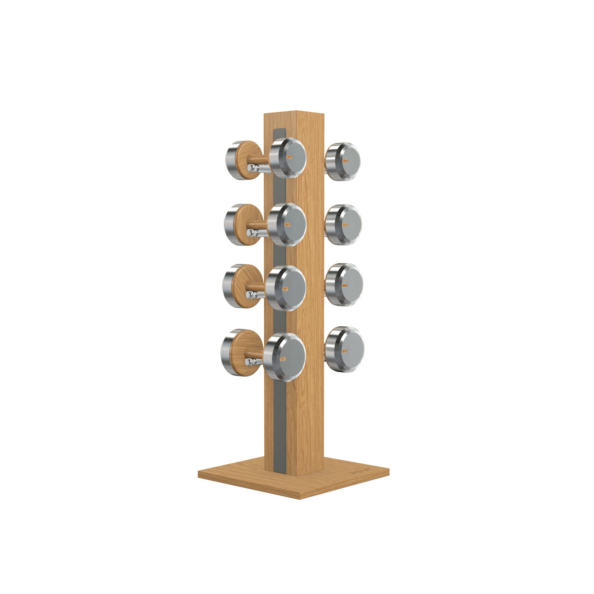 Luxury gym equipment, 4 pair of dumbbells on vertical wooden stand, made with stainless steel, Italian grey leather and oak wood.