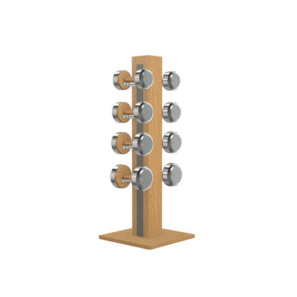Luxury gym equipment, 4 pair of dumbbells on vertical wooden stand, made with stainless steel, Italian grey leather and oak wood.