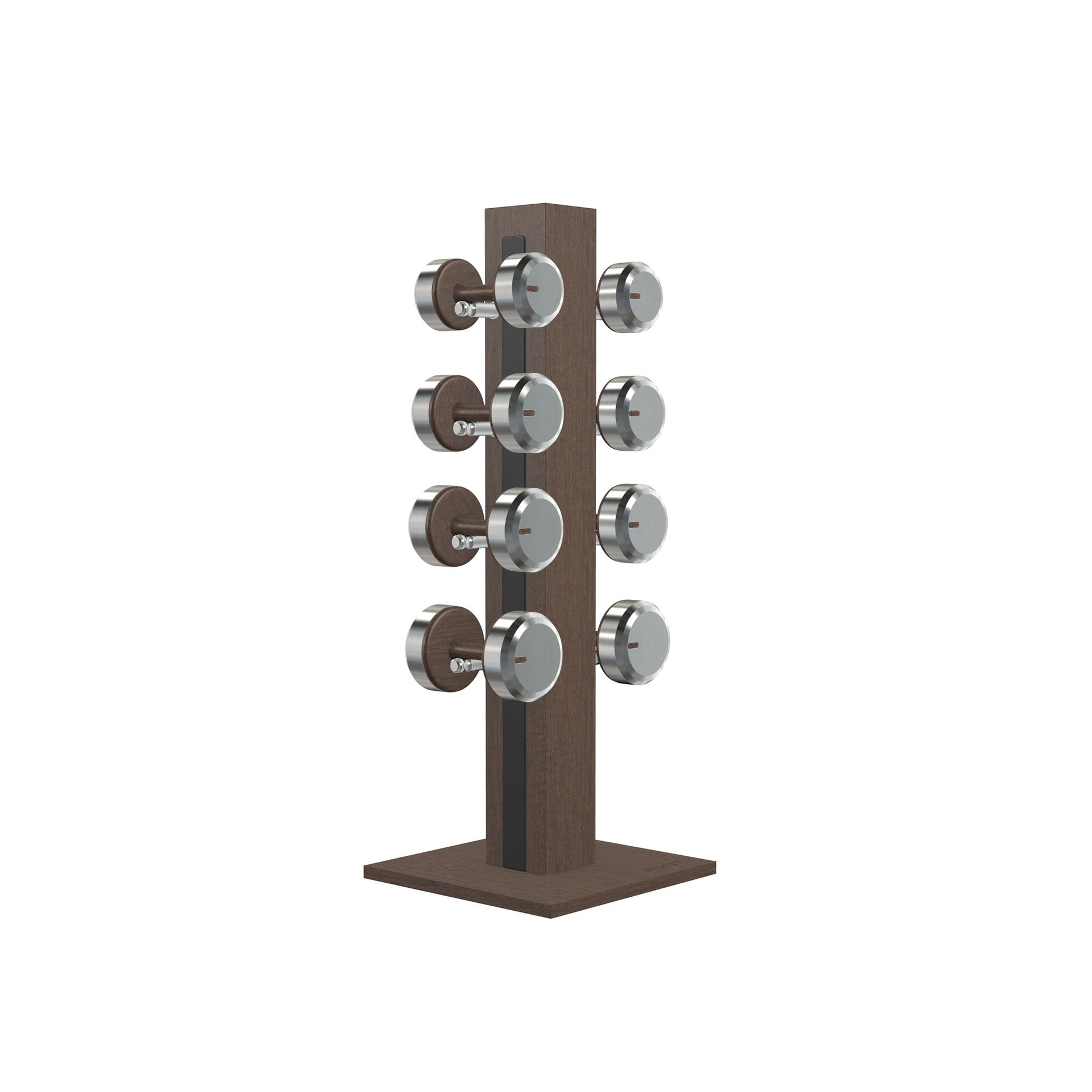 Luxury gym equipment, 4 pair of dumbbells on vertical wooden stand, made with stainless steel, Italian black leather and dark walnut wood.