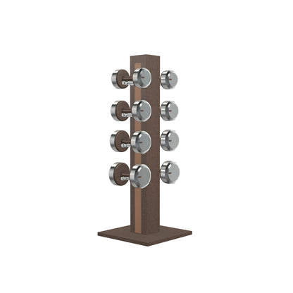 Luxury gym equipment, 4 pair of dumbbells on vertical wooden stand, made with stainless steel, Italian brown leather and dark walnut wood.