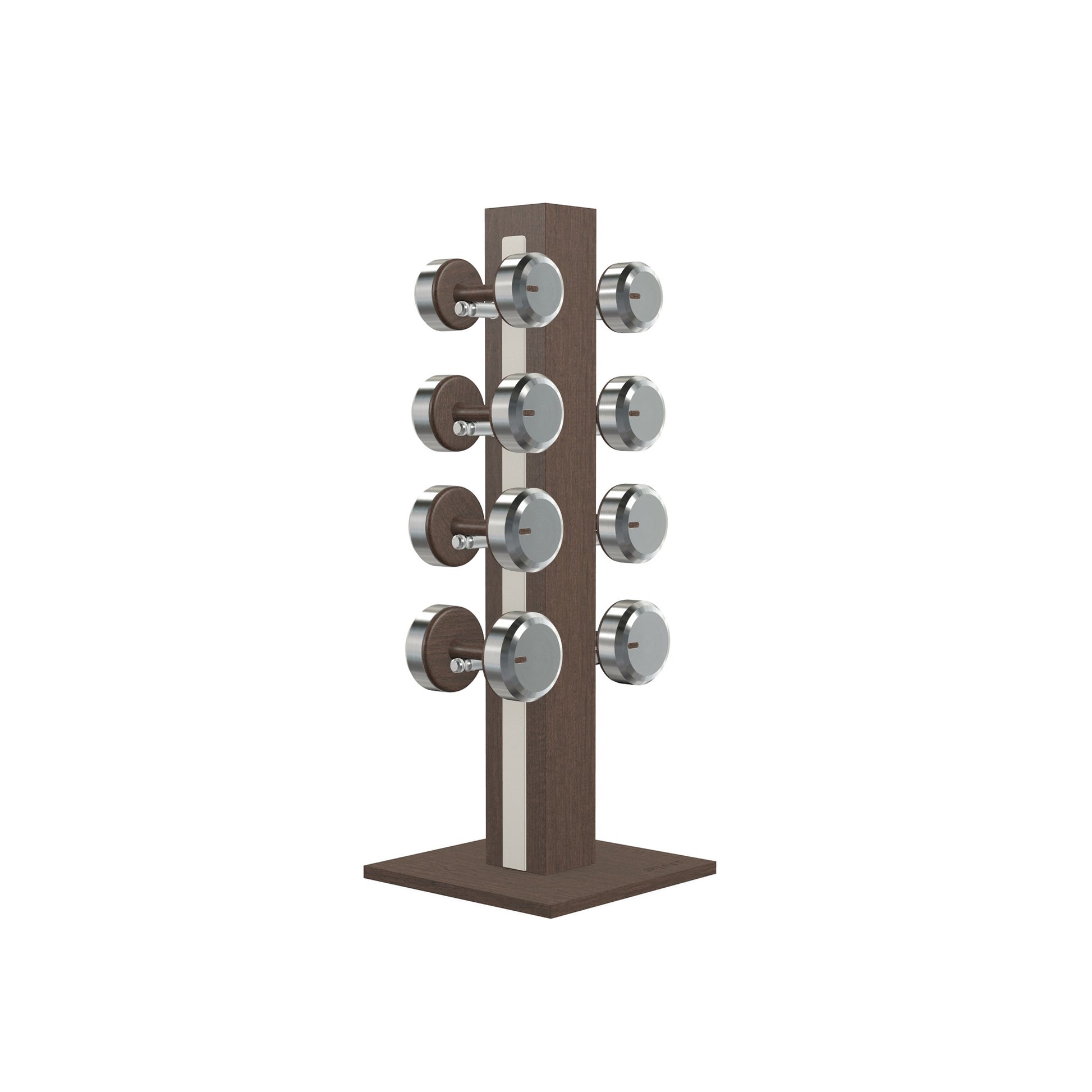 Luxury gym equipment, 4 pair of dumbbells on vertical wooden stand, made with stainless steel, Italian white leather and dark walnut wood.