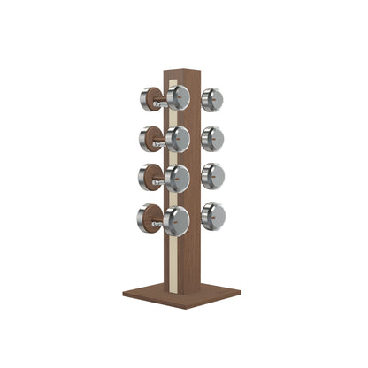 Luxury gym equipment, 4 pair of dumbbells on vertical wooden stand, made with stainless steel, Italian beige leather and natural walnut wood.