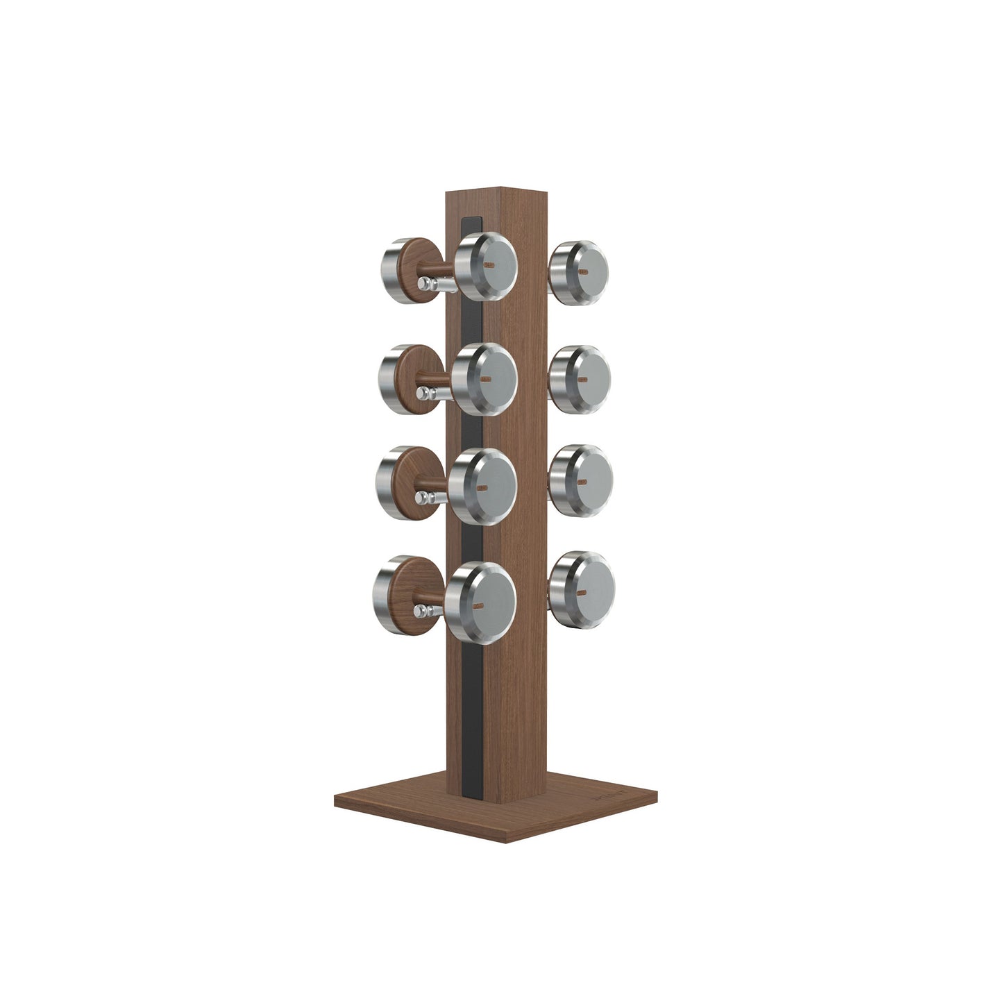 Luxury gym equipment, 4 pair of dumbbells on vertical wooden stand, made with stainless steel, Italian black leather and natural walnut wood.