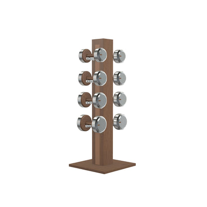 Luxury gym equipment, 4 pair of dumbbells on vertical wooden stand, made with stainless steel, Italian brown leather and natural walnut wood.