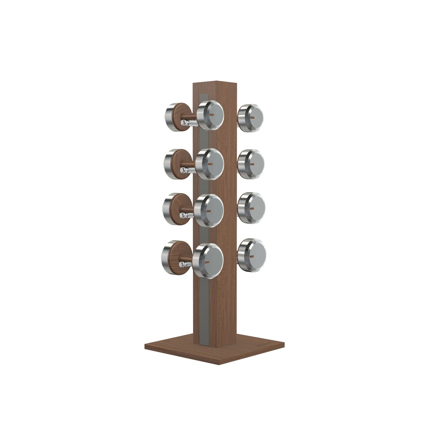 Luxury gym equipment, 4 pair of dumbbells on vertical wooden stand, made with stainless steel, Italian grey leather and natural walnut wood.