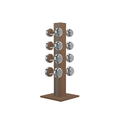 Luxury gym equipment, 4 pair of dumbbells on vertical wooden stand, made with stainless steel, Italian grey leather and natural walnut wood.