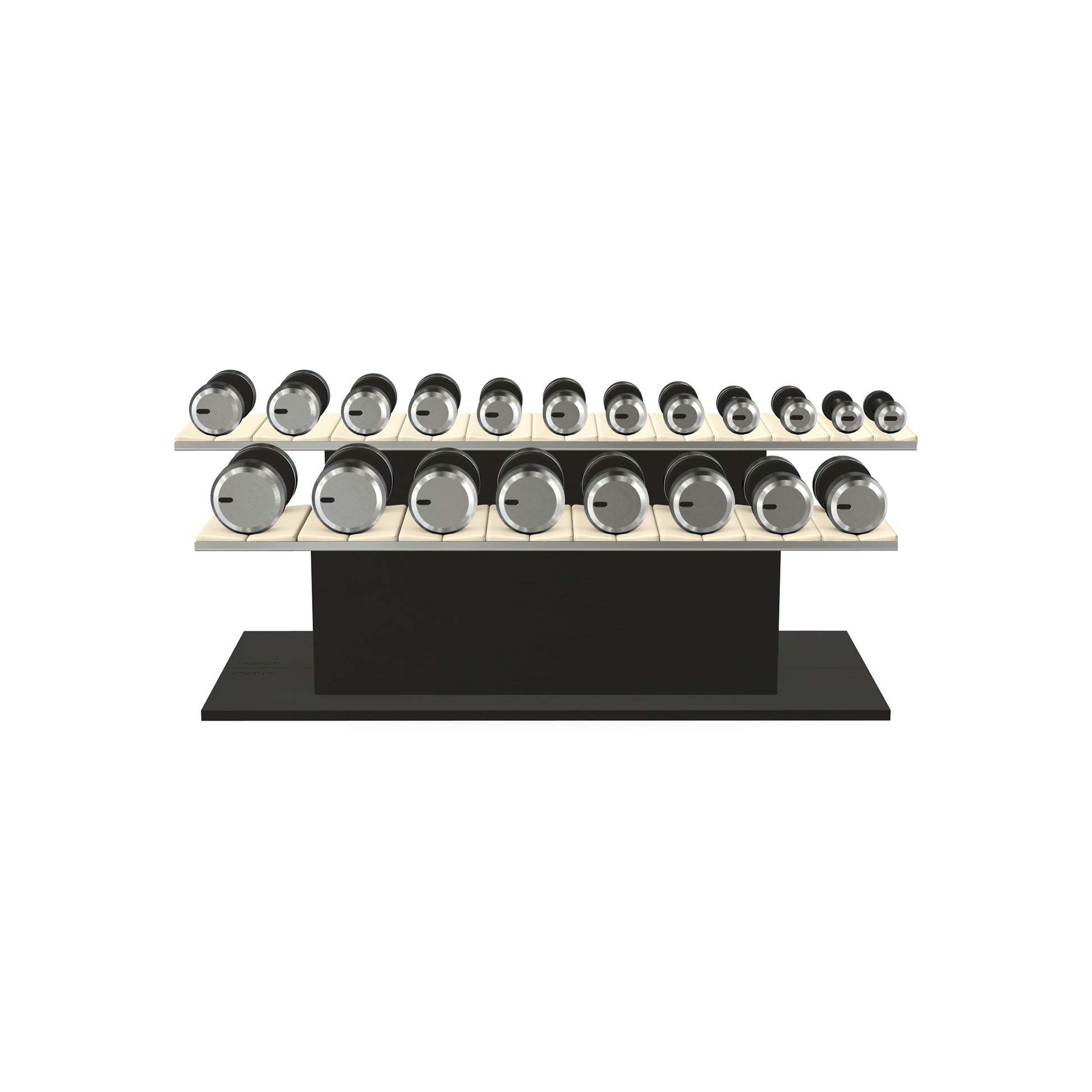 Luxury gym equipment, 10 pair of dumbbells on horizontal wooden stand, made with stainless steel, Italian beige leather and black ash wood.