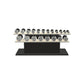 Luxury gym equipment, 10 pair of dumbbells on horizontal wooden stand, made with stainless steel, Italian beige leather and black ash wood.