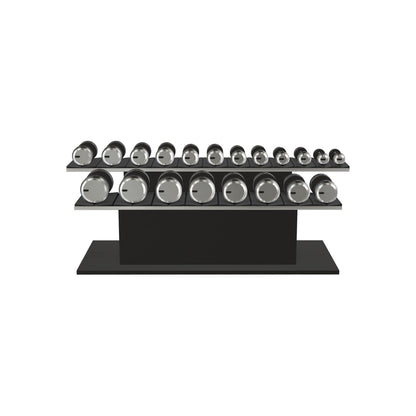 Luxury gym equipment, 10 pair of dumbbells on horizontal wooden stand, made with stainless steel, Italian black leather and black ash wood.
