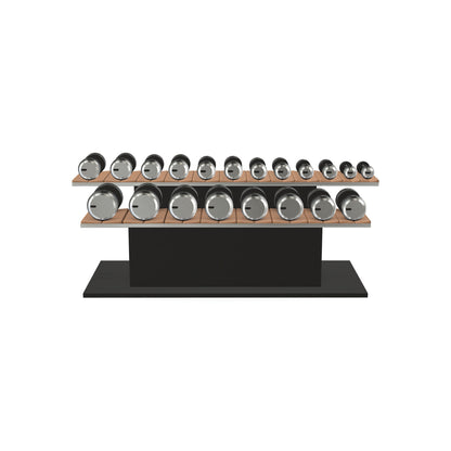 Luxury gym equipment, 10 pair of dumbbells on horizontal wooden stand, made with stainless steel, Italian brown leather and black ash wood.